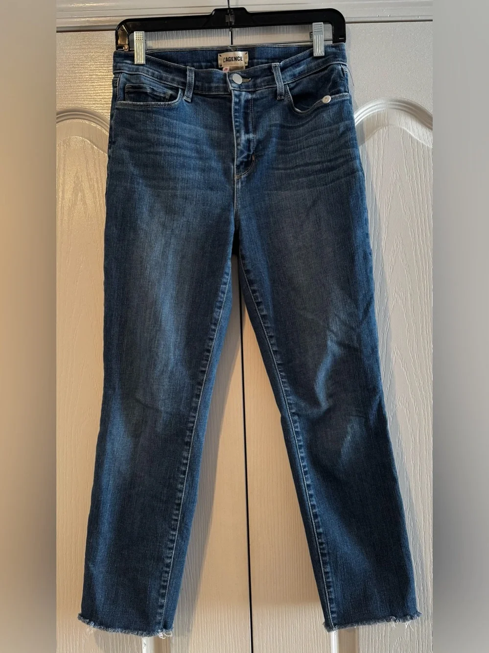 L'AGENCE Medium Wash High Rise Cropped Slim Jeans with Raw Hem - Size 28